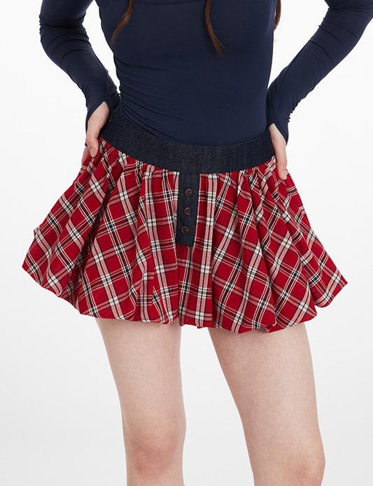 Plaid Pleated Puff Mini Skirt
