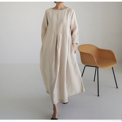 Solid Color Long Sleeve Crewneck A-Line Large Hemline Casual Loose Maxi Dress