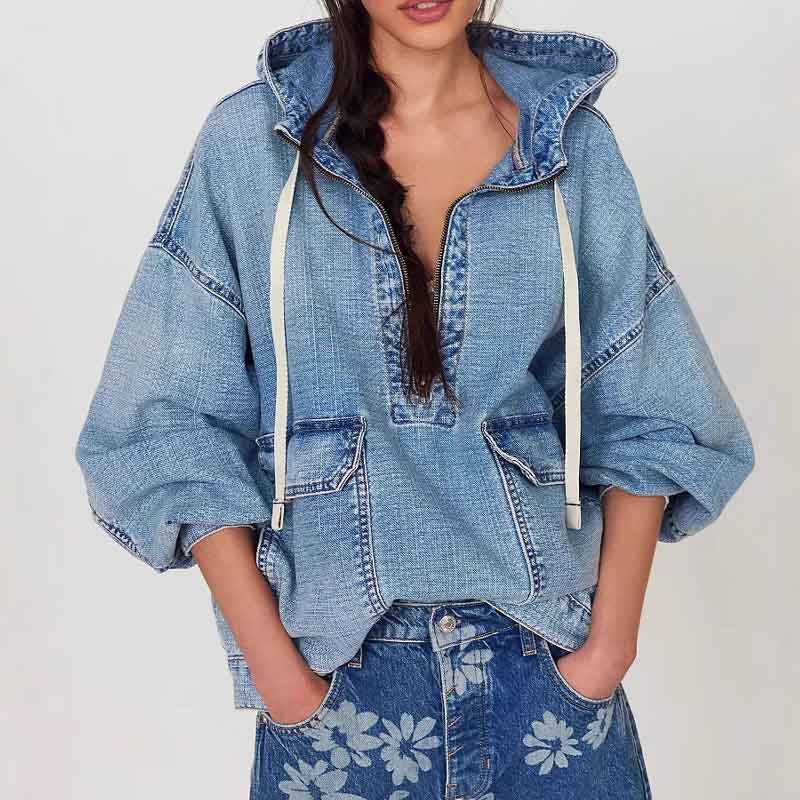 Casual Washed Denim Long Sleeve Hoodie