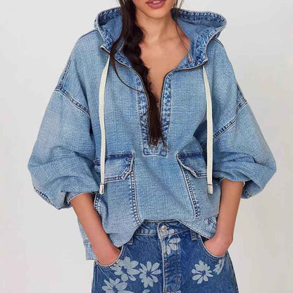 Casual Washed Denim Long Sleeve Hoodie
