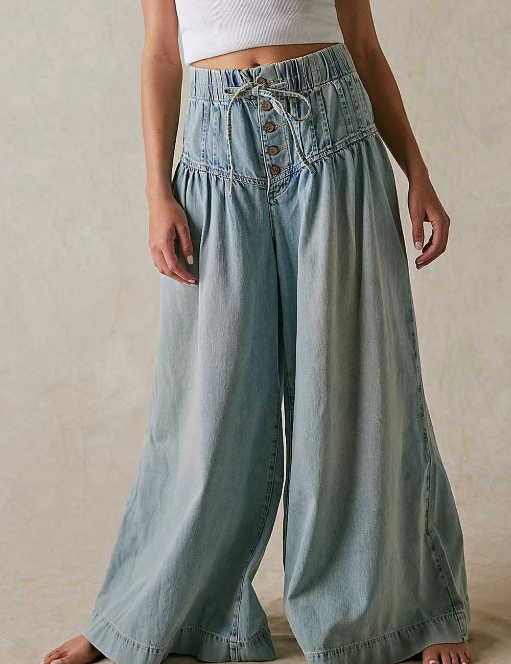 Casual Pleated Mid Waist Wide Leg Jeans