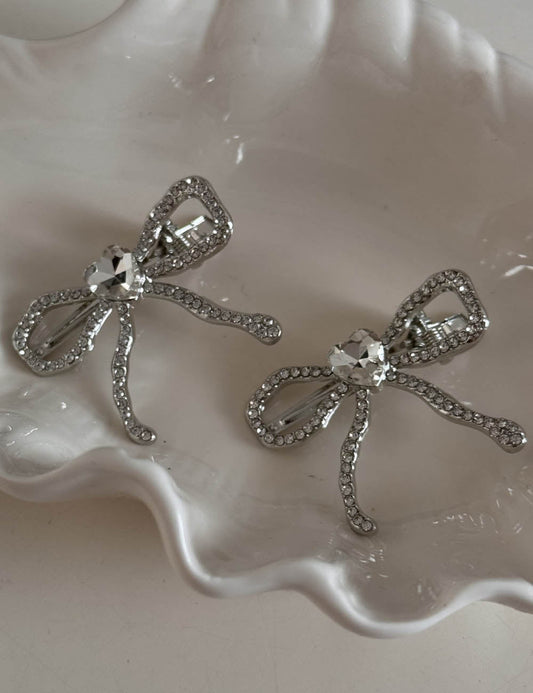 Silver Rhinestone Bow Heart Hair Clip