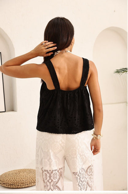 Palm Tree Embroidery Hollow Cotton Tank Top