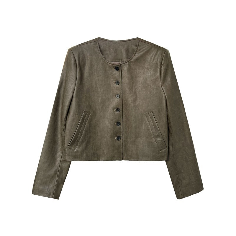 Retro Crewneck Long Sleeve Single Breasted Short PU Leather Jackets