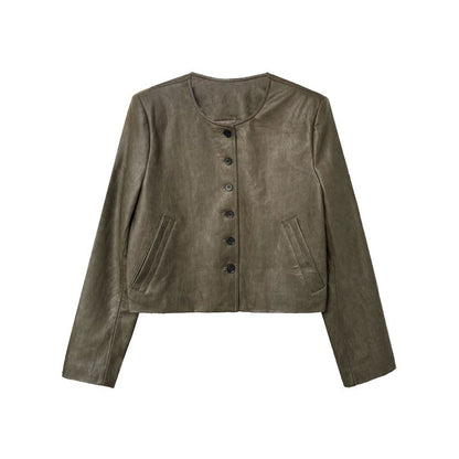 Retro Crewneck Long Sleeve Single Breasted Short PU Leather Jackets