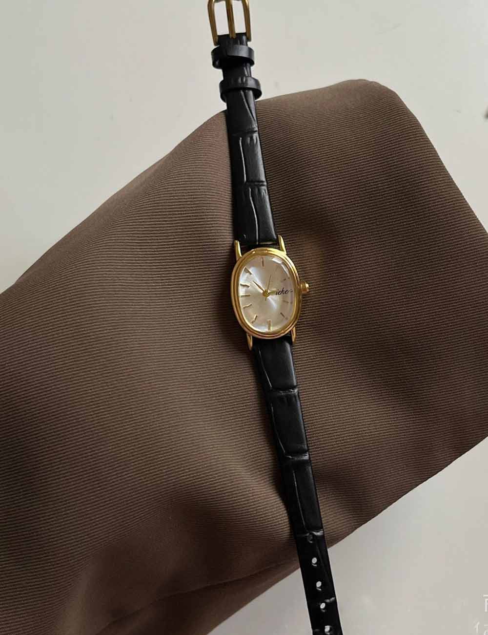 Elegant Small Oval Dial Leather Strap Quartz Watch