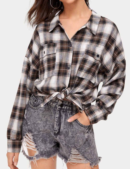 Vintage Plaid Lapel Collar Button Down Shirt