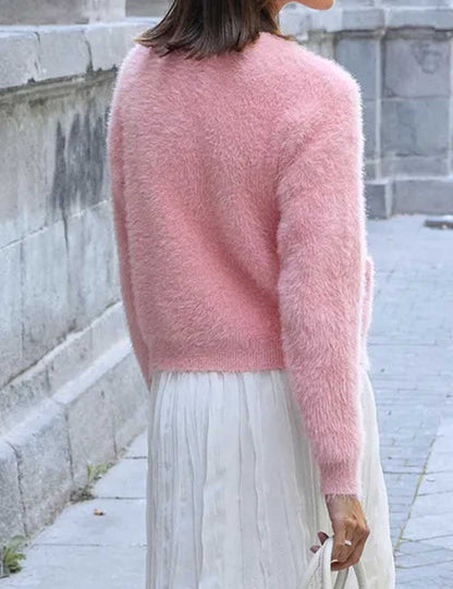 Soft Fuzzy Solid Color Long Sleeve Sweater