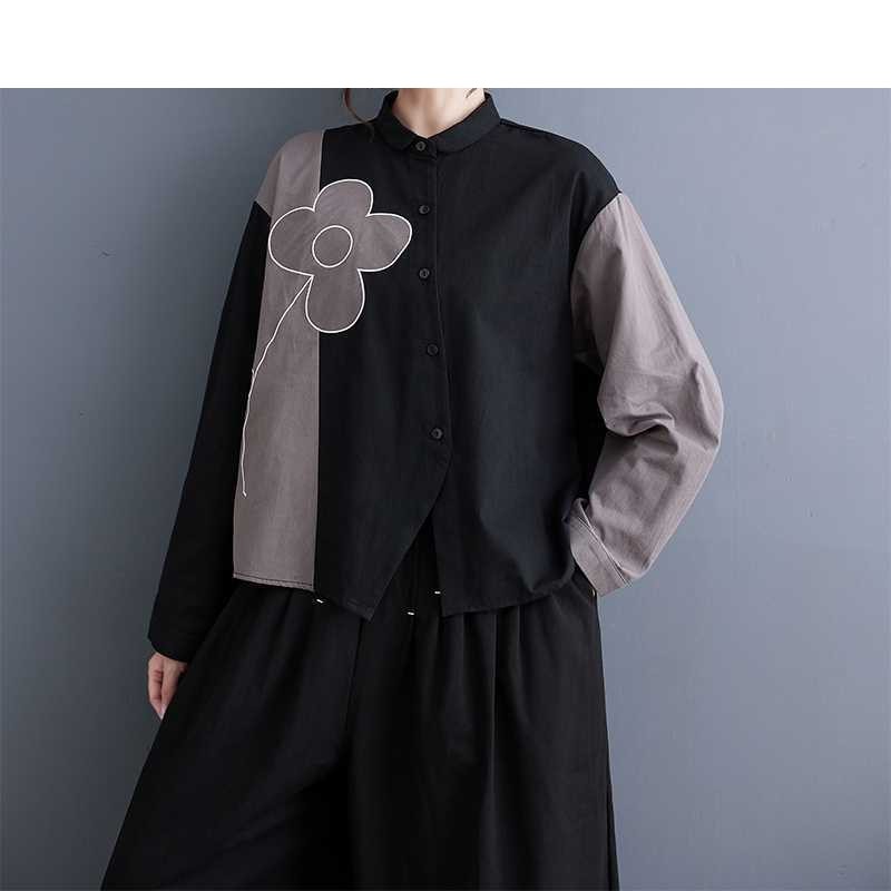 Long Sleeve Lapel Single Breasted Embroidery Loose Blouse