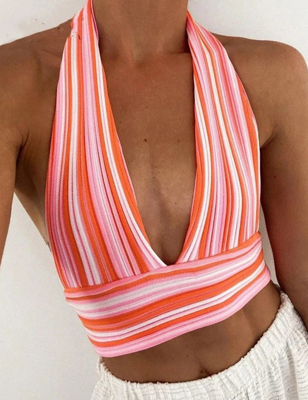 Rainbow Striped Backless V-Neck Halter Top