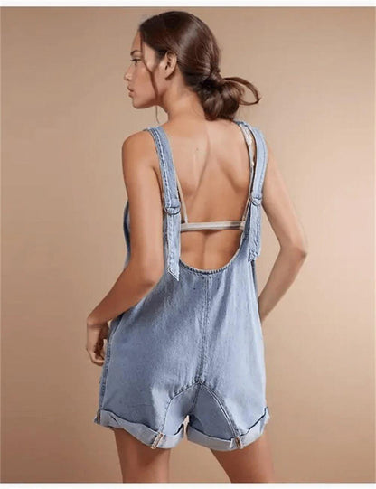 V-Neck Sleeveless Pocket Demin Jumpsuit
