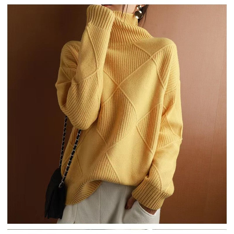 Fashion High Neck Diamond Texture Solid Color Pullover
