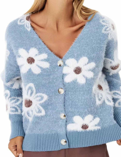 Jacquard V-Neck Button Down Cropped Knit Cardigan