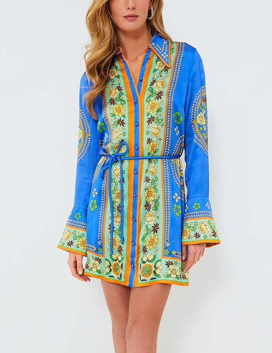 Lapel Floral Buttons Belt MIni Dresses