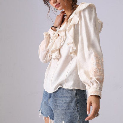 V-Neck Flounce Embroidered String Top