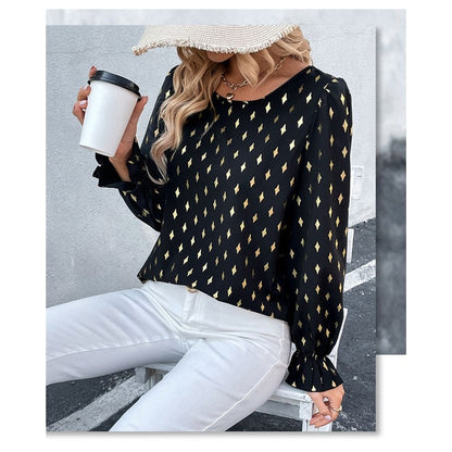 Long Sleeves Crewneck Printing Elegant Blouse Top