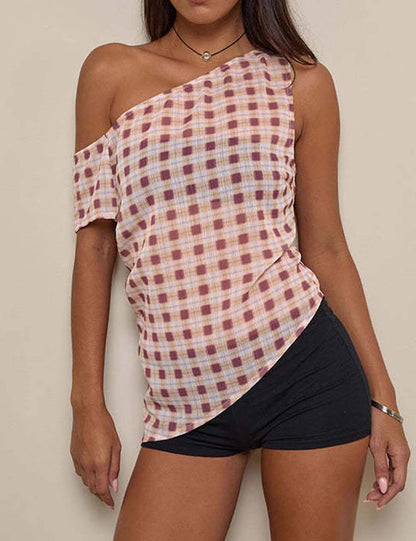 Retro Plaid Asymmetrical Shoulder Checkered Top