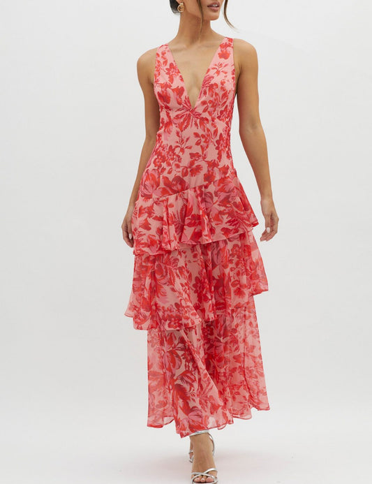 V-Neck Print Backless Flounce Sexy Dress