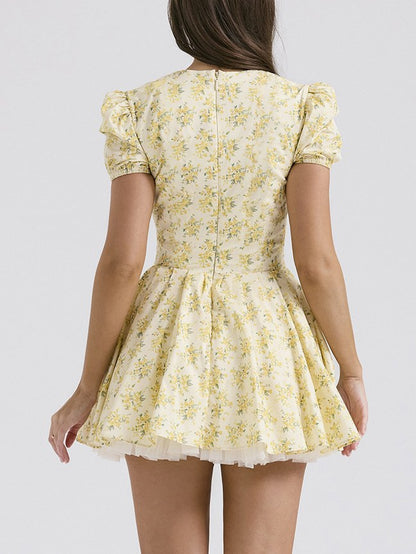 Puffy Sleeves V-Neck A Line Mini Dress