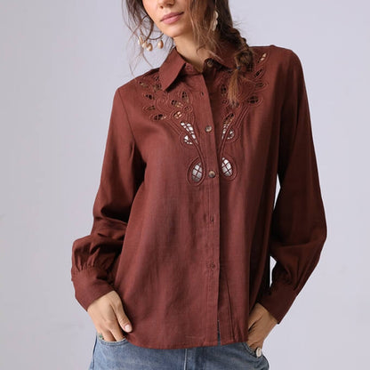 Hollow Embroidered Lapel Button Down Shirt