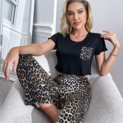 Leopard Print Crop Top And High Waisted Pants Lounge Set