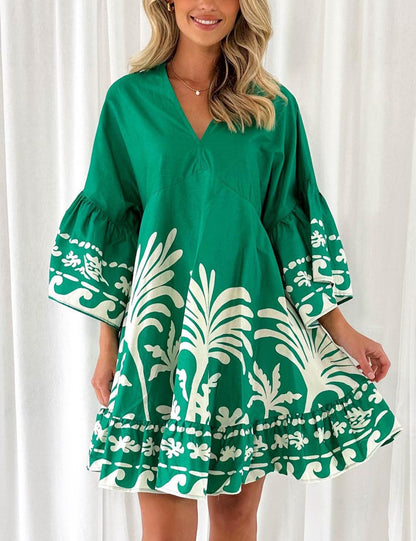 V-Neck Floral Print Flare Sleeves Mini Dress