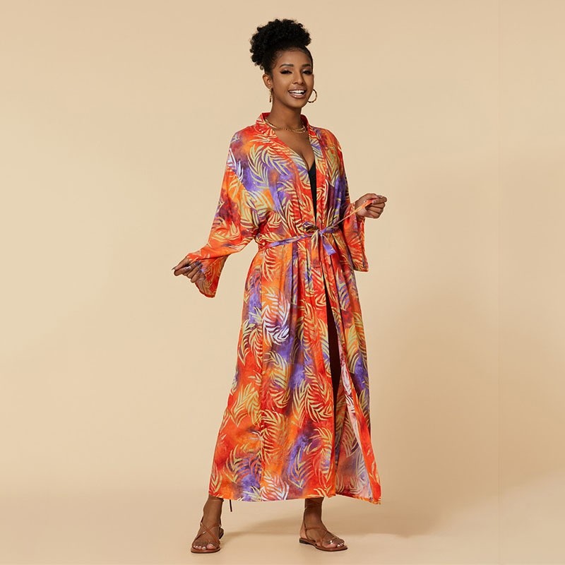 Long-Sleeve Printed Loose-Fit  Cover-Up