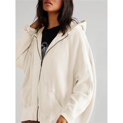 Women's Solid Zip Waffle Design Hoodie Sweatshirt