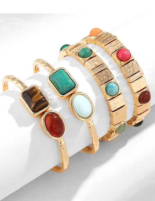 Boho Tiger Eye Stones Gold Cuff Bracelet