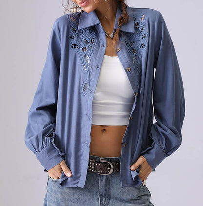 Hollow Embroidered Lapel Button Down Shirt