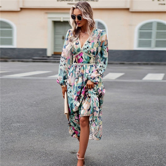 Casual Irregular Color Block Printed V-Neck Long-Sleeved Dress
