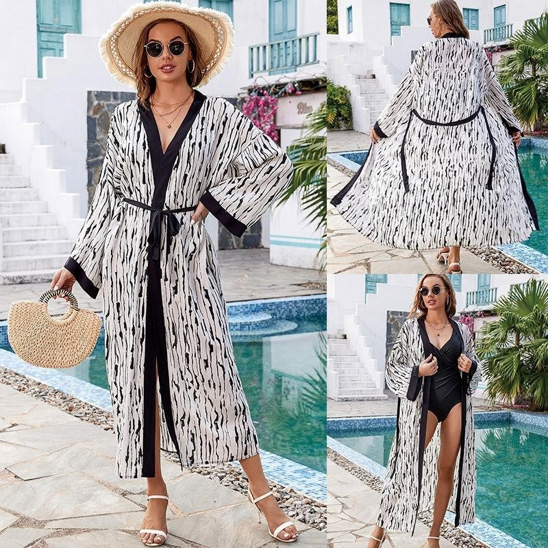 Contrast Color Printing Long Sleeve Belted Casual Loose Long Beach Cardigan Bikini Cover-Up