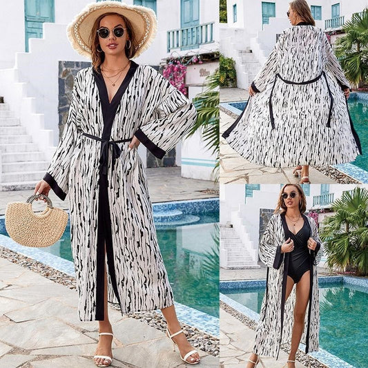 Contrast Color Printing Long Sleeve Belted Casual Loose Long Beach Cardigan Bikini Cover-Up