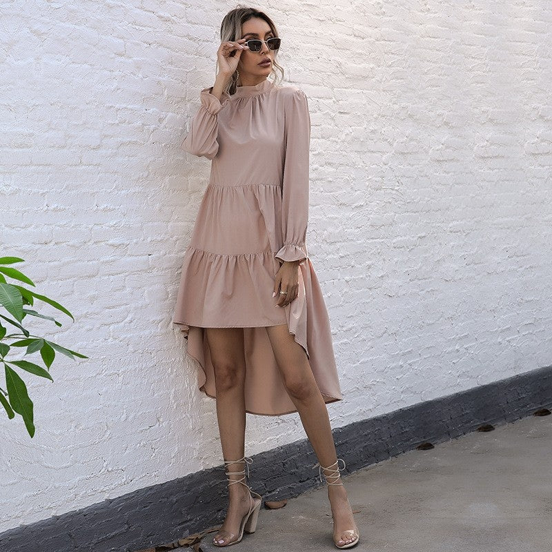 Solid Color Long Sleeve Irregular Half Turtleneck Dress