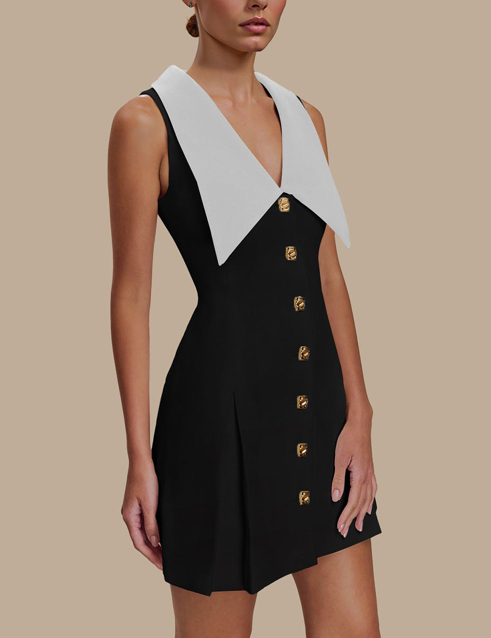 Lapel Mental Buttons Sleeveless Mini Dress