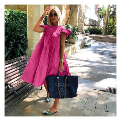 Solid Color Loose Pleated Short Sleeve Dress