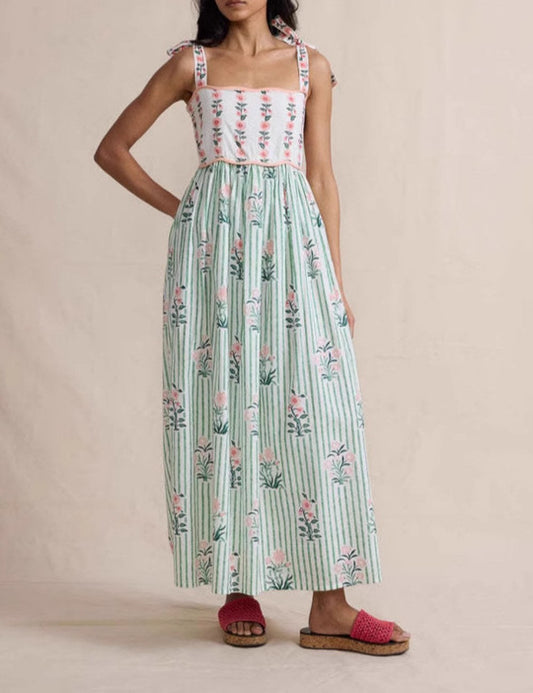 Floral Bow String Splicing Maxi Dress