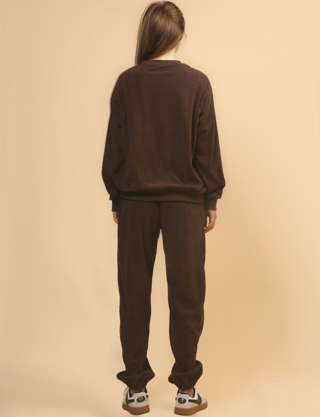 Solid Color Corduroy Casual Pullover Set