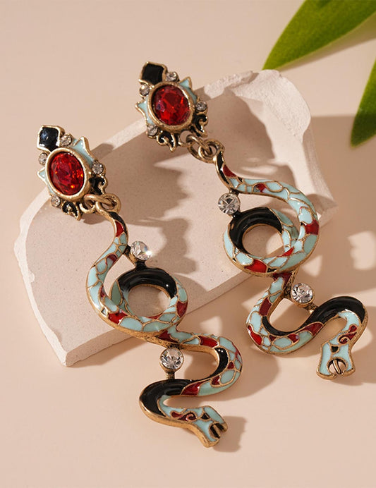 Retro Rhinestone Curved Snake Stud Earrings