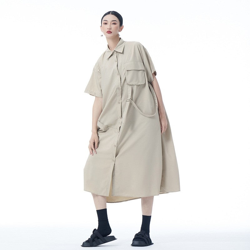 Simple Collar Pocket Shirt Dress Loose Sleeve