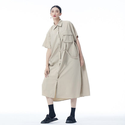 Simple Collar Pocket Shirt Dress Loose Sleeve