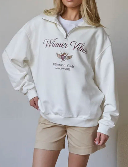 Letter Print Lapel Collar Half Zip Sweatshirt