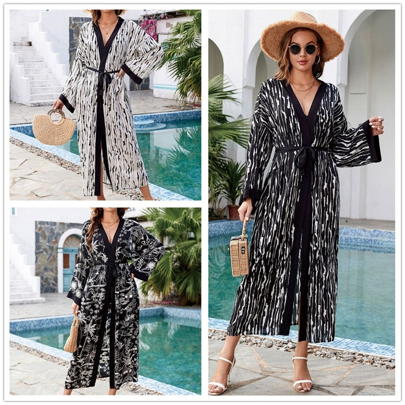 Contrast Color Printing Long Sleeve Belted Casual Loose Long Beach Cardigan Bikini Cover-Up