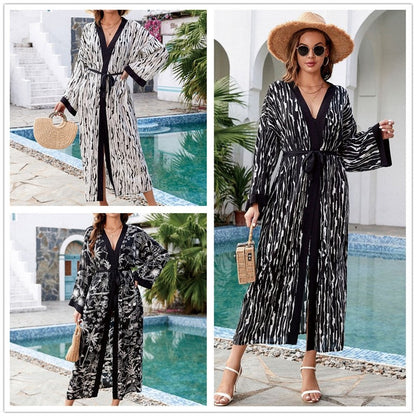 Contrast Color Printing Long Sleeve Belted Casual Loose Long Beach Cardigan Bikini Cover-Up