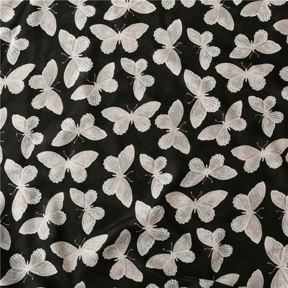 Black Butterfly Print Cotton Linen Scarf