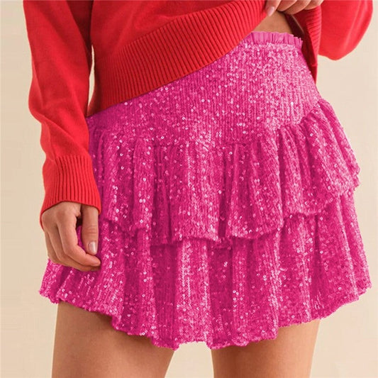 Sequin Mini Skirt- Solid Color Pleated A-Line Skirt