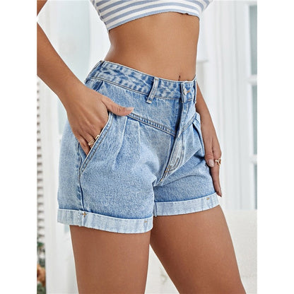 Fashionable, Classic, Loose And Versatile, Slimming Curled Denim Shorts