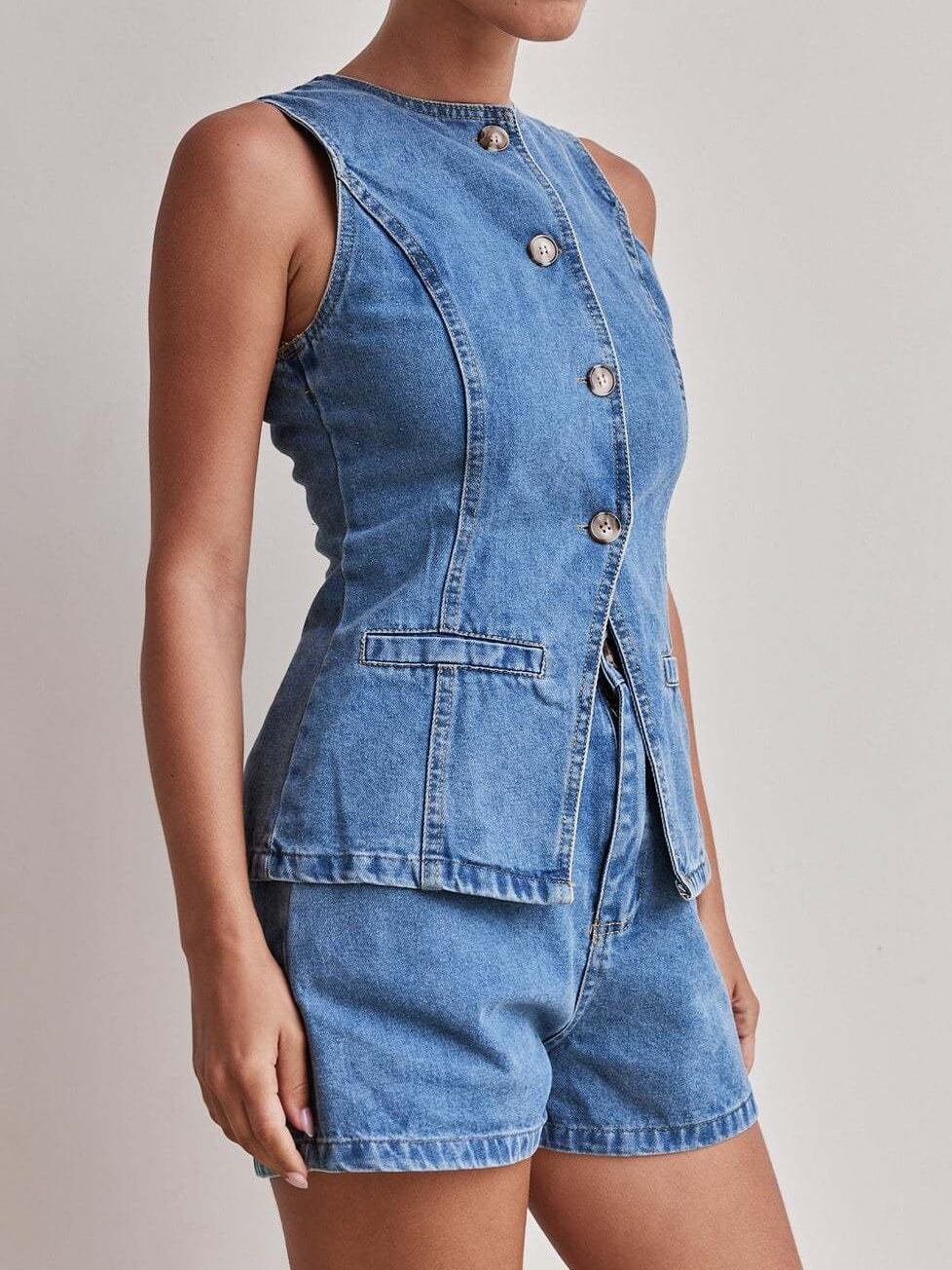 Sleeveless Button Vest Short Denim Set