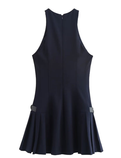 Trendy Round Neck Pleated Mini Dress