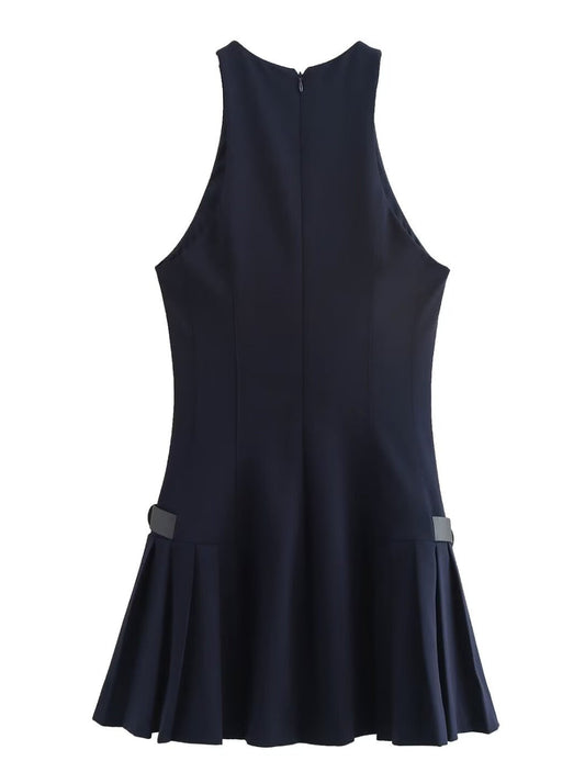 Trendy Round Neck Pleated Mini Dress